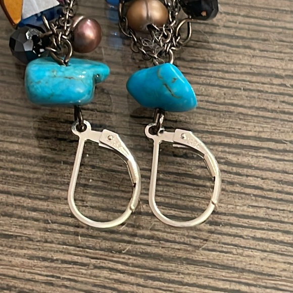 Vintage Sterling Lever Back Shell, Stone, and Crystal Dangle Earrings - Picture 3 of 12